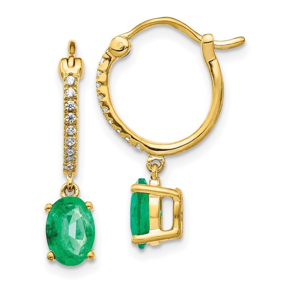 14k Yellow Gold 1/10ct Diamond & Emerald Dangle Hoop Earring 21 L x 4 mm W
